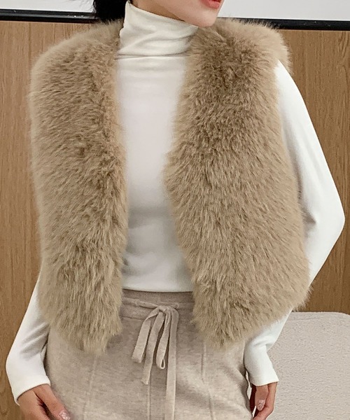 セール】ファーベスト ショート丈 Vネック ファー ジレ 秋 冬