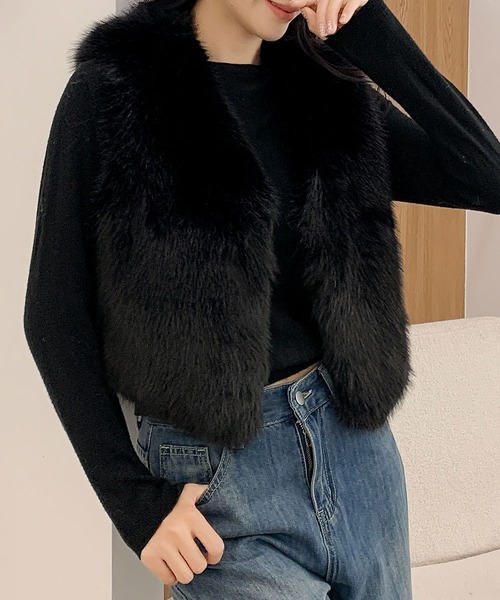 セール】ファーベスト ショート丈 Vネック ファー ジレ 秋 冬