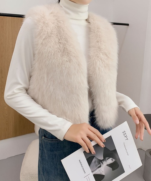 セール】ファーベスト ショート丈 Vネック ファー ジレ 秋 冬