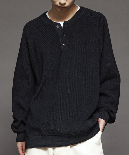 セール】限定展開 リラックスフィット 片畦編み ヘンリーネック ニット