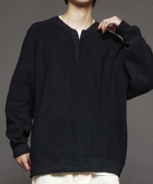 セール】限定展開 リラックスフィット 片畦編み ヘンリーネック ニット