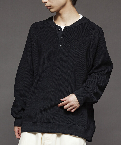 セール】限定展開 リラックスフィット 片畦編み ヘンリーネック ニット