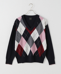 未使用 ブラック&amp;ホワイト Vネック ニット アーガイル L ピンク IBO35 セール】【UNISEX】Wai Kei／イルカVネックニット（ニット