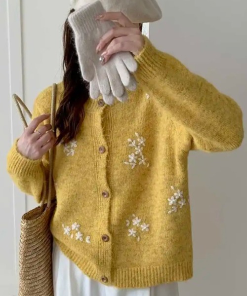 セール】【限定カラー】金木犀刺繍モヘア風カーディガン【3色展開