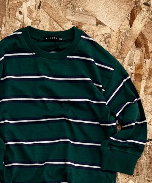 SHISKY(シスキー)の「先染めボーダー オーバーサイズ 長袖Tシャツ(Tシャツ/カットソー・キッズ・ネイビー/ブラック/グレー系その他/チャコールグレー/ダークグリーン/オフホワイト/ベージュ系その他/ホワイト系その他/ブラック系その他/グリーン系その他/ベージュ/パープル・140/130/120/110/160/150)」の9枚目の写真