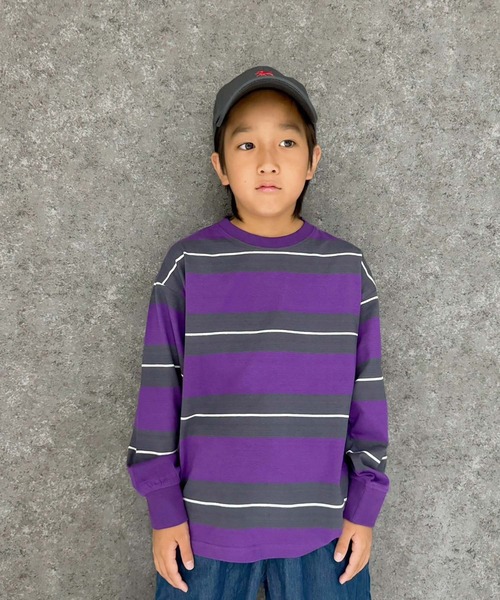 SHISKY(シスキー)の「先染めボーダー オーバーサイズ 長袖Tシャツ(Tシャツ/カットソー・キッズ・ネイビー/ブラック/グレー系その他/チャコールグレー/ダークグリーン/オフホワイト/ベージュ系その他/ホワイト系その他/ブラック系その他/グリーン系その他/ベージュ/パープル・140/130/120/110/160/150)」の22枚目の写真