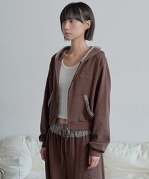 【豊富な4カラー展開】【スタイリッシュにセットアップ着用おすすめ】2WAYジップアップフラワーバイカラーチェック配色スウェットフード