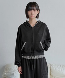 【豊富な4カラー展開】【スタイリッシュにセットアップ着用おすすめ】2WAYジップアップフラワーバイカラーチェック配色スウェットフード