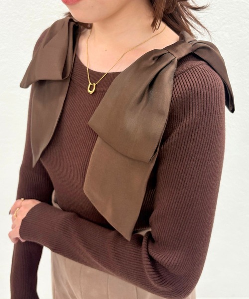 31 Sons de mode（トランテアン　ソン　ドゥ　モード）の「2025秋冬新作 肩リボンシアーニット（ニット/セーター・レディース・ラベンダー/ブラウン/ピンク/オフホワイト・ﾌﾘ-）」の14枚目の写真