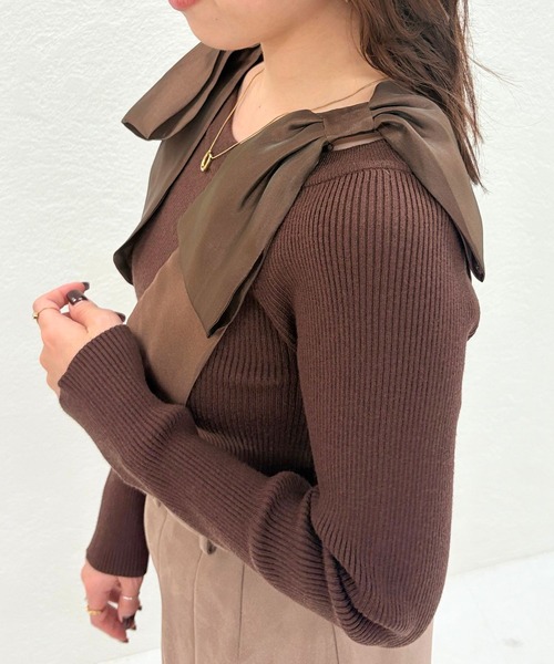 31 Sons de mode（トランテアン　ソン　ドゥ　モード）の「2025秋冬新作 肩リボンシアーニット（ニット/セーター・レディース・ラベンダー/ブラウン/ピンク/オフホワイト・ﾌﾘ-）」の16枚目の写真