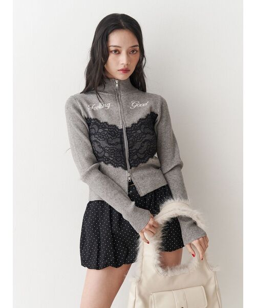 レースドッキングジップニット（ニット/セーター）｜jouetie