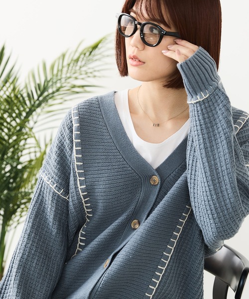 fort point（フォーポイント）の「【C-FORT POINT/フォートポイント】ブランケットステッチ Vネックロングカーディガン（カーディガン/ボレロ・レディース・ブラック/アイボリー/オレンジ/ダークブルー・FREE）」の4枚目の写真