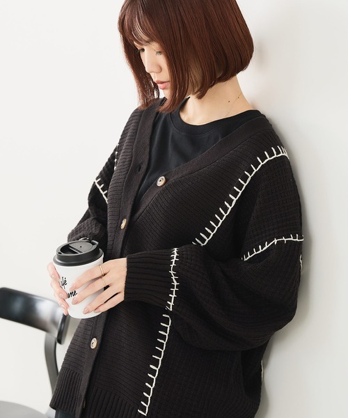 fort point（フォーポイント）の「【C-FORT POINT/フォートポイント】ブランケットステッチ Vネックロングカーディガン（カーディガン/ボレロ・レディース・ブラック/アイボリー/オレンジ/ダークブルー・FREE）」の3枚目の写真