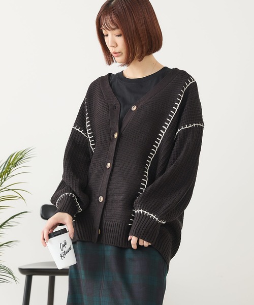 fort point（フォーポイント）の「【C-FORT POINT/フォートポイント】ブランケットステッチ Vネックロングカーディガン（カーディガン/ボレロ・レディース・ブラック/アイボリー/オレンジ/ダークブルー・FREE）」の18枚目の写真