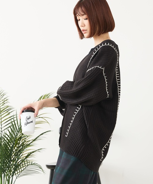 fort point（フォーポイント）の「【C-FORT POINT/フォートポイント】ブランケットステッチ Vネックロングカーディガン（カーディガン/ボレロ・レディース・ブラック/アイボリー/オレンジ/ダークブルー・FREE）」の19枚目の写真