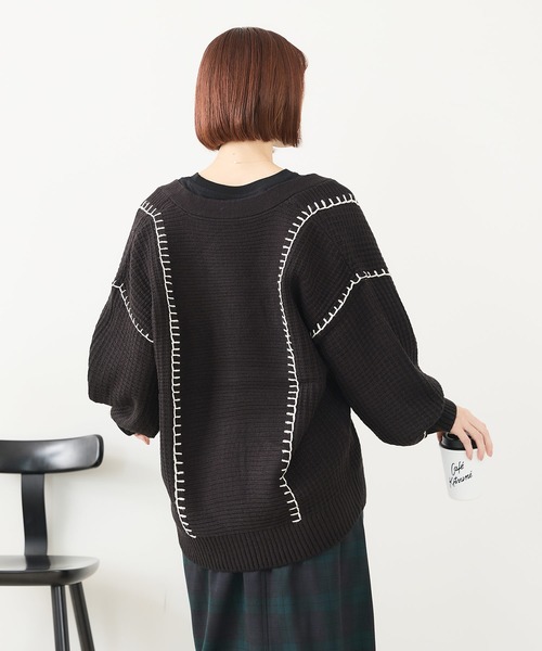 fort point（フォーポイント）の「【C-FORT POINT/フォートポイント】ブランケットステッチ Vネックロングカーディガン（カーディガン/ボレロ・レディース・ブラック/アイボリー/オレンジ/ダークブルー・FREE）」の20枚目の写真