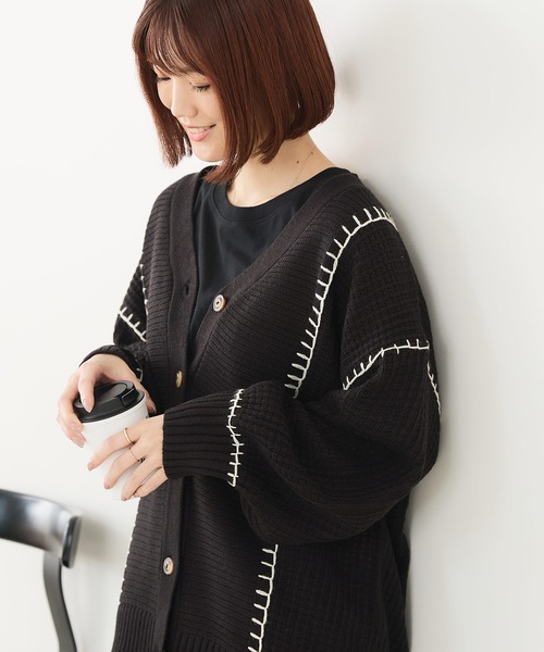 fort point（フォーポイント）の「【C-FORT POINT/フォートポイント】ブランケットステッチ Vネックロングカーディガン（カーディガン/ボレロ・レディース・ブラック/アイボリー/オレンジ/ダークブルー・FREE）」の22枚目の写真