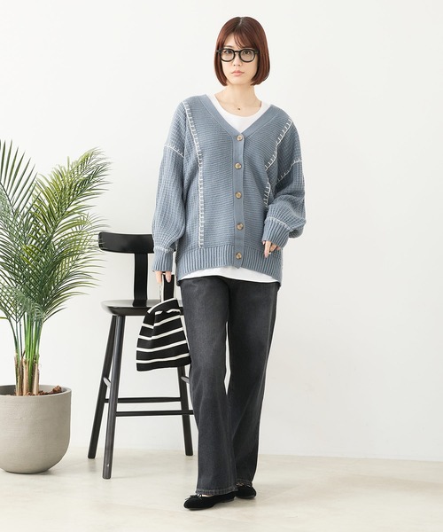 fort point（フォーポイント）の「【C-FORT POINT/フォートポイント】ブランケットステッチ Vネックロングカーディガン（カーディガン/ボレロ・レディース・ブラック/アイボリー/オレンジ/ダークブルー・FREE）」の11枚目の写真