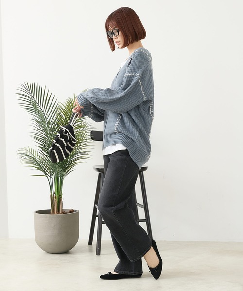 fort point（フォーポイント）の「【C-FORT POINT/フォートポイント】ブランケットステッチ Vネックロングカーディガン（カーディガン/ボレロ・レディース・ブラック/アイボリー/オレンジ/ダークブルー・FREE）」の12枚目の写真