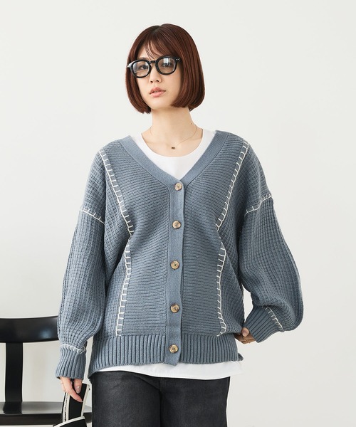 fort point（フォーポイント）の「【C-FORT POINT/フォートポイント】ブランケットステッチ Vネックロングカーディガン（カーディガン/ボレロ・レディース・ブラック/アイボリー/オレンジ/ダークブルー・FREE）」の13枚目の写真