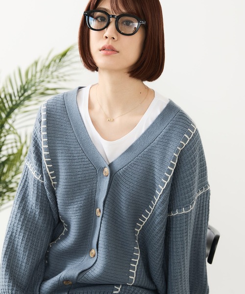 fort point（フォーポイント）の「【C-FORT POINT/フォートポイント】ブランケットステッチ Vネックロングカーディガン（カーディガン/ボレロ・レディース・ブラック/アイボリー/オレンジ/ダークブルー・FREE）」の15枚目の写真