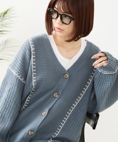 fort point（フォーポイント）の「【C-FORT POINT/フォートポイント】ブランケットステッチ Vネックロングカーディガン（カーディガン/ボレロ・レディース・ブラック/アイボリー/オレンジ/ダークブルー・FREE）」の16枚目の写真