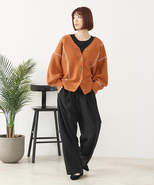 fort point（フォーポイント）の「【C-FORT POINT/フォートポイント】ブランケットステッチ Vネックロングカーディガン（カーディガン/ボレロ・レディース・ブラック/アイボリー/オレンジ/ダークブルー・FREE）」の5枚目の写真