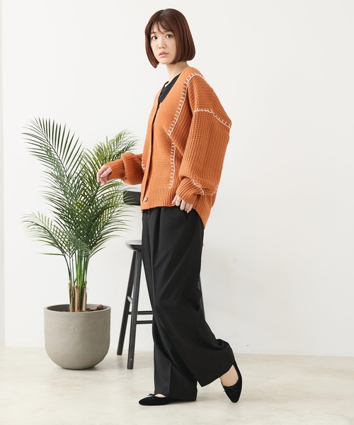 fort point（フォーポイント）の「【C-FORT POINT/フォートポイント】ブランケットステッチ Vネックロングカーディガン（カーディガン/ボレロ・レディース・ブラック/アイボリー/オレンジ/ダークブルー・FREE）」の6枚目の写真