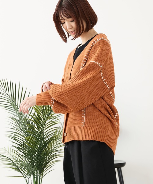 fort point（フォーポイント）の「【C-FORT POINT/フォートポイント】ブランケットステッチ Vネックロングカーディガン（カーディガン/ボレロ・レディース・ブラック/アイボリー/オレンジ/ダークブルー・FREE）」の8枚目の写真