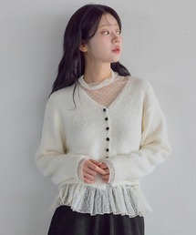 UNE MANSION(ユヌマンション)の【2025FW新作アイテム】【インナー&カーディガンニットセットアイテム】ハイネックドットパータンシースルーフリルインナー&ラブリーポイントボタンアンゴラ風VネックカーディンSET(その他トップス)