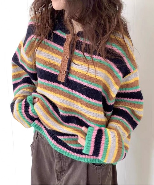 マルチカラフルボーダーニットトップス（ニット/セーター）｜AMAJI