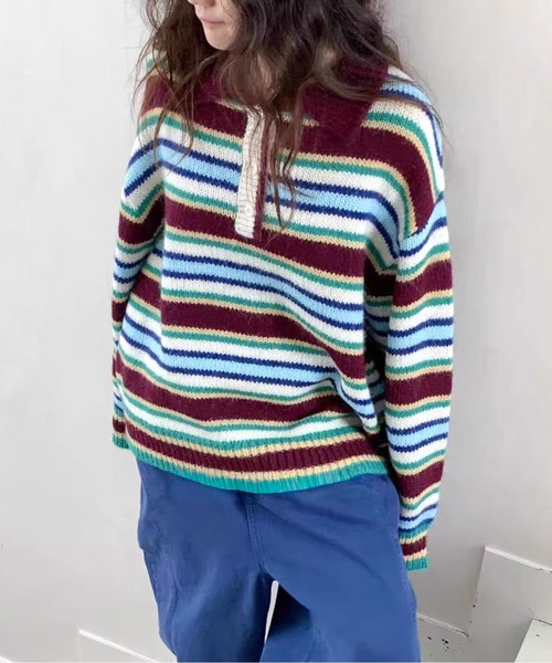 マルチカラフルボーダーニットトップス（ニット/セーター）｜AMAJI