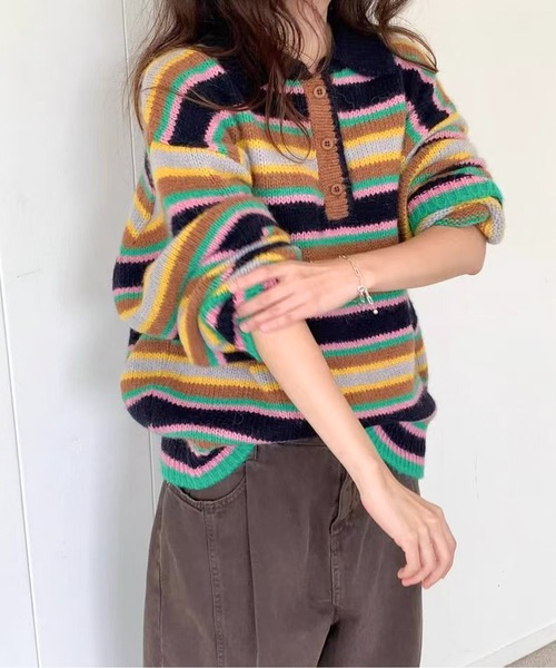 マルチカラフルボーダーニットトップス（ニット/セーター）｜AMAJI
