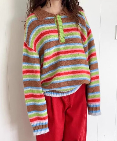 その他ブランド / ニット・セーター(厚手)/--/コットン/マルチカラー マルチカラフルボーダーニットトップス（ニット/セーター）｜AMAJI