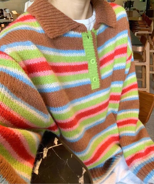 マルチカラフルボーダーニットトップス（ニット/セーター）｜AMAJI