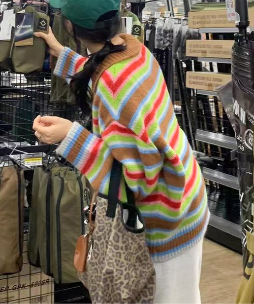 マルチカラフルボーダーニットトップス（ニット/セーター）｜AMAJI