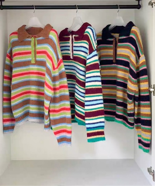 マルチカラフルボーダーニットトップス（ニット/セーター）｜AMAJI