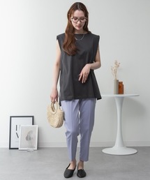 肩タックノースリーブボートネックTシャツ 無地 ロング丈 コットン