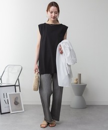 肩タックノースリーブボートネックTシャツ 無地 ロング丈 コットン