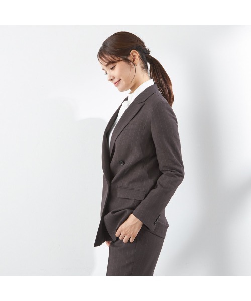 【すぐ着られるパンツ裾上げ済仕様】【おうちで洗えるストレッチスーツ】【秋冬】4釦1掛ダブル パンツスーツ/ストライプ/ウエストシャーリング/「4S」