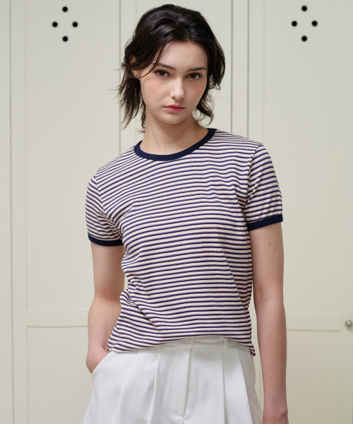 PLUNASTUDIO(プルナスタジオ)の「レターストライプ半袖Tシャツ_Navy ST(Tシャツ/カットソー・レディース・ネイビー・FREE)」の1枚目の写真
