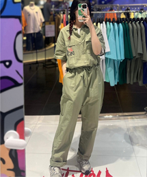 DOUBLE JD（ダブルジェイディー）の「レタリングジャンプスーツ（カーキ）（つなぎ/オールインワン）」