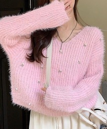 deux amour（ドゥーザムール）の「ミニシャギービジュー付きニットプルオーバー（Tシャツ/カットソー）」