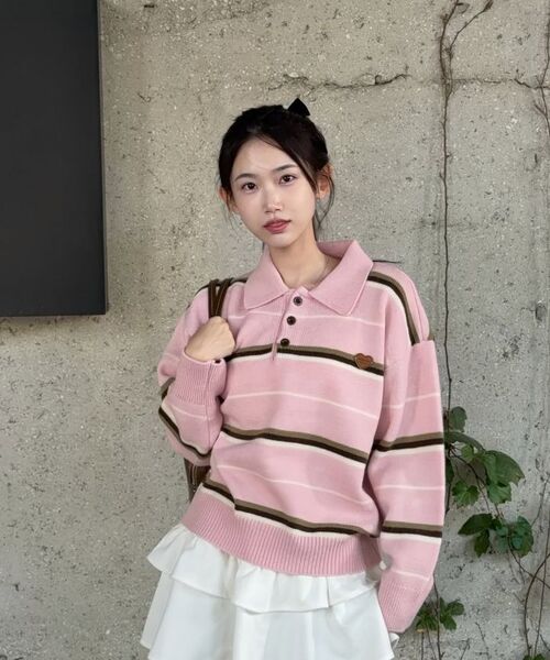 MELLOTORY（メロートリー）の「ストライプニットカラーTシャツ (2色)（ニット/セーター・レディース・ライトピンク/ブラウン・FREE）」の9枚目の写真