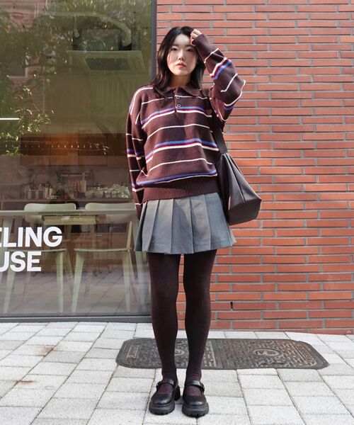 MELLOTORY（メロートリー）の「ストライプニットカラーTシャツ (2色)（ニット/セーター・レディース・ライトピンク/ブラウン・FREE）」の4枚目の写真