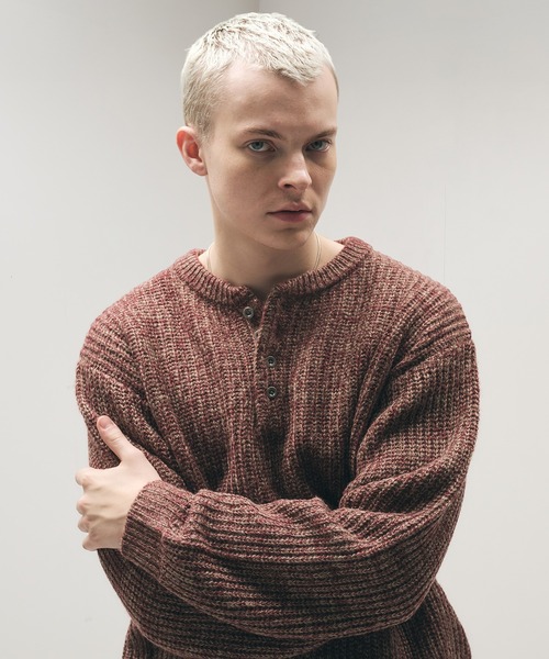 セール】Melange Henry Neck Knit / メランジヘンリーネックニット