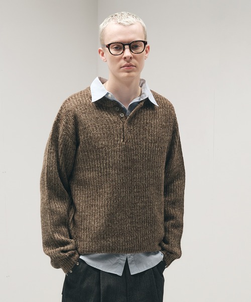 セール】Melange Henry Neck Knit / メランジヘンリーネックニット