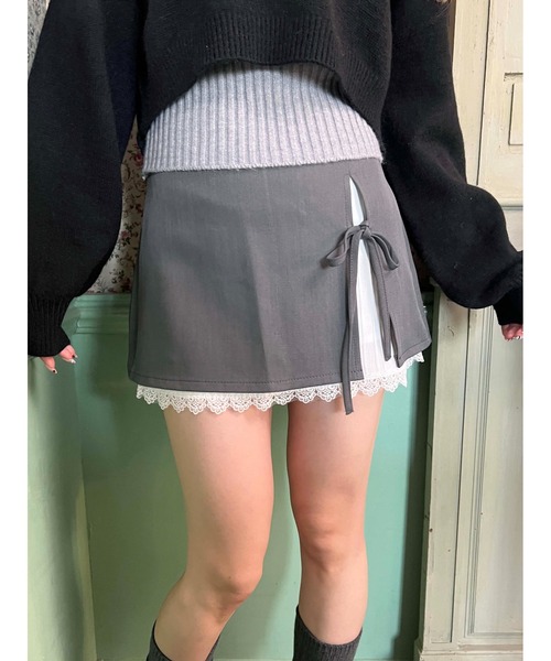 WEGO(ウィゴー)の「レースレイヤードリボンミニスカート(スカート・レディース・グレー/ブラック・FREE)」の8枚目の写真