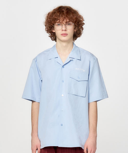 Embroidery Boots Open Collar Shirt_Sky Blue