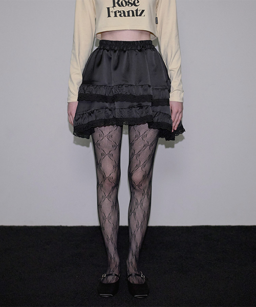 セール】Satin Lace Layered Mini Skirt [Black]（スカート